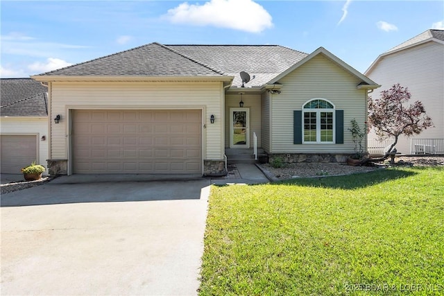 single story home with a garage, concrete driveway, roof with shingles, and a front yard
