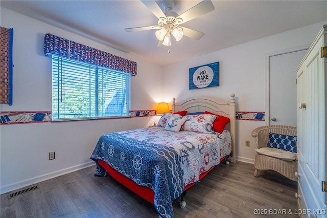 bedroom with baseboards, visible vents, and dark wood finished floors