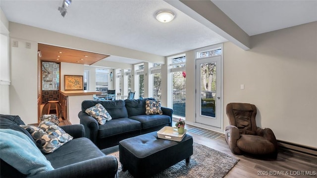 living area featuring a wealth of natural light, floor to ceiling windows, a baseboard radiator, and wood finished floors