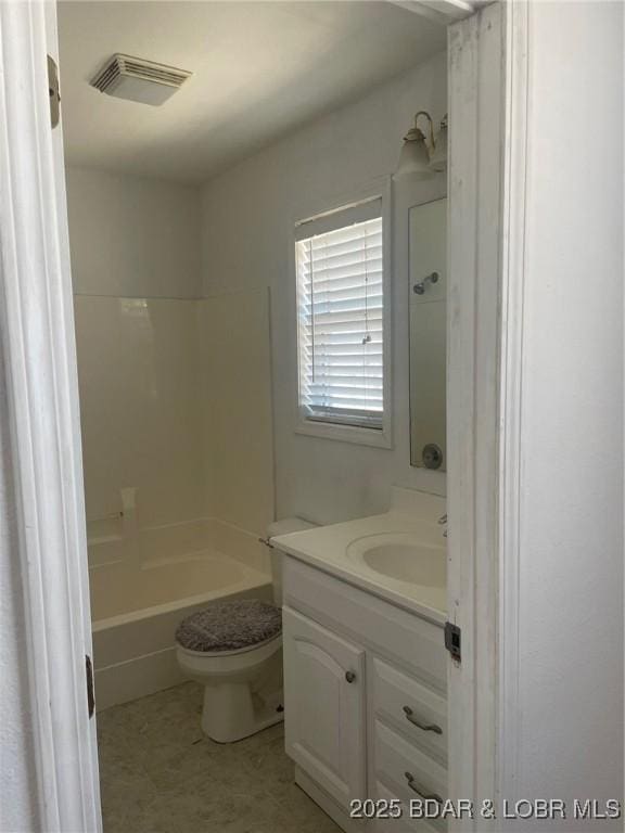 bathroom featuring toilet, shower / tub combination, vanity, and visible vents