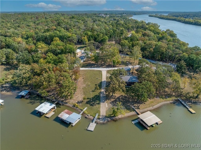 birds eye view of property featuring a water view and a forest view