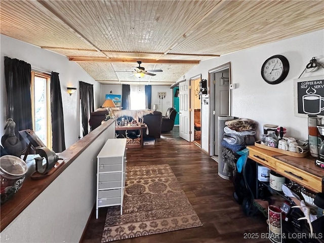 interior space with dark wood-style flooring, wooden ceiling, ceiling fan, and beamed ceiling