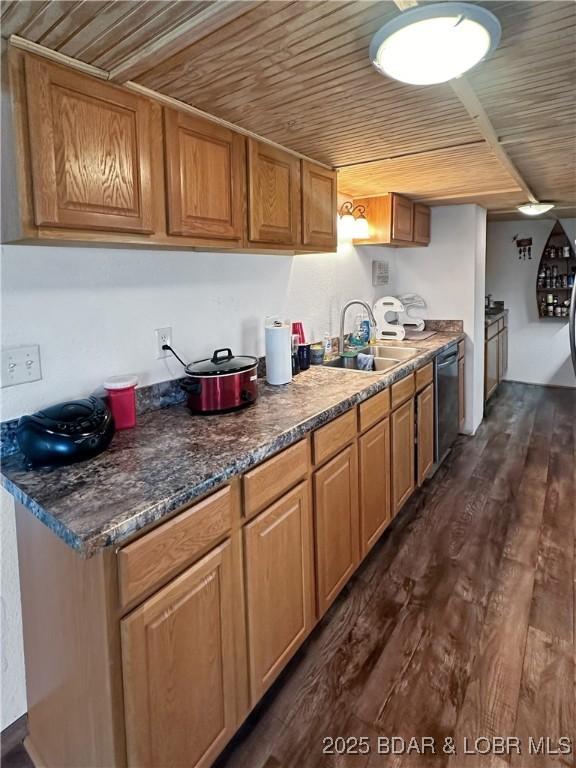 kitchen with dark wood-style floors, brown cabinetry, a sink, wooden ceiling, and dishwasher