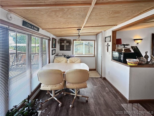 dining room featuring wooden ceiling, wood finished floors, and baseboards