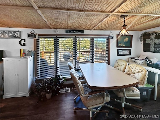 dining space featuring visible vents, dark wood-type flooring, and wood ceiling