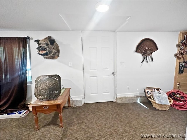 interior space with dark colored carpet