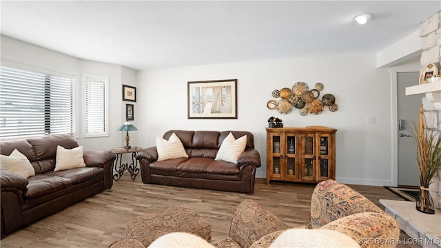 living room with baseboards and wood finished floors