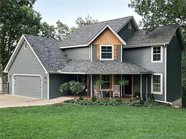 view of front facade featuring covered porch, driveway, an attached garage, and a front yard