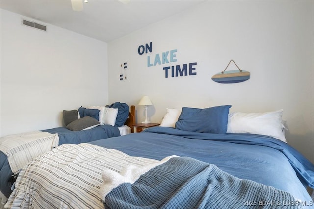 bedroom with ceiling fan and visible vents