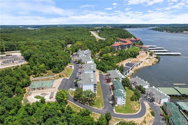 aerial view featuring a water view and a residential view