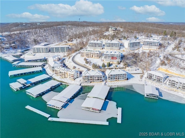 snowy aerial view with a water view