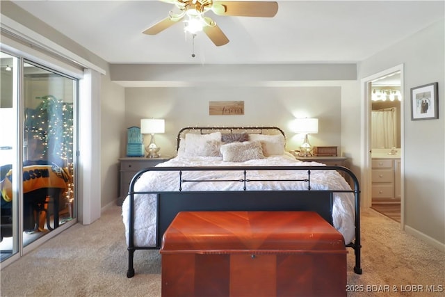 bedroom featuring carpet flooring, ceiling fan, and baseboards