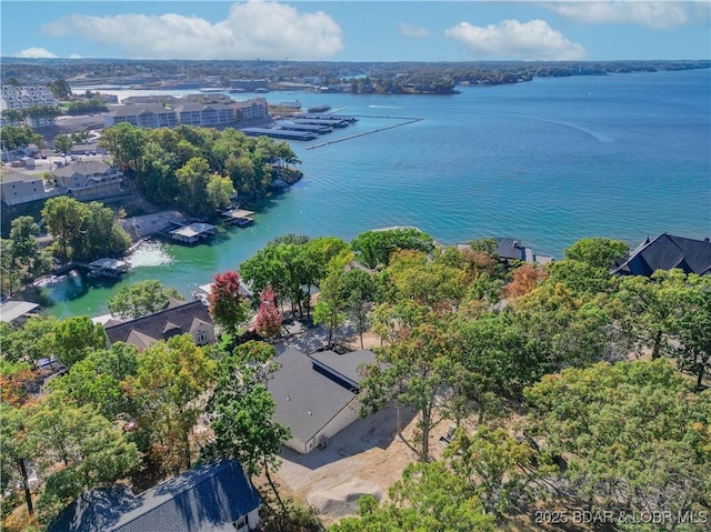 bird's eye view with a water view