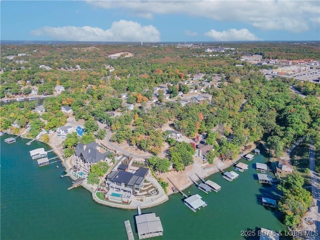 aerial view featuring a water view and a view of trees