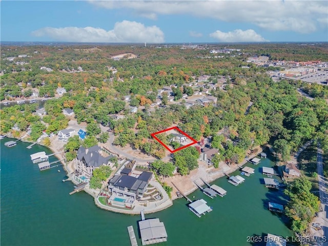 aerial view featuring a water view and a view of trees