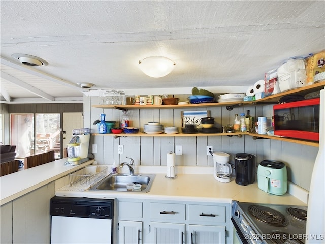 kitchen featuring stainless steel electric range oven, white dishwasher, open shelves, and a sink