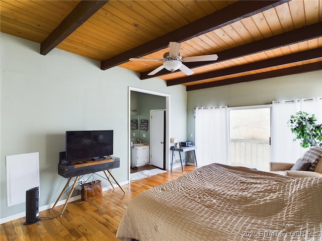 bedroom with beam ceiling, wood ceiling, wood finished floors, and baseboards