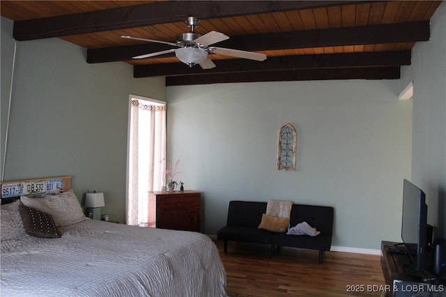 bedroom with wooden ceiling, beamed ceiling, wood finished floors, and baseboards