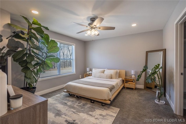 bedroom featuring carpet, ceiling fan, baseboards, and recessed lighting