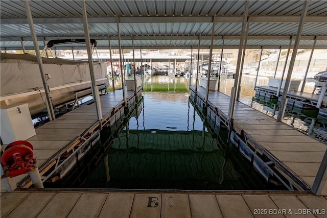 view of dock with a water view and boat lift