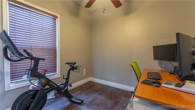 office featuring baseboards, wood finished floors, and ceiling fan