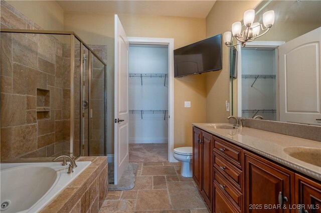 1184 Jeffries Rd Unit 416, Osage Beach, MO 65065 - bathroom with stone tile floors, a sink, a shower stall, a bath, and double vanity
