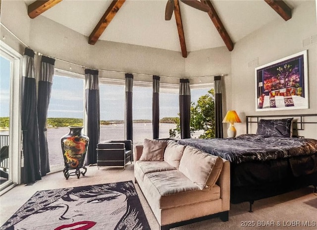 carpeted bedroom featuring access to outside, beamed ceiling, and high vaulted ceiling