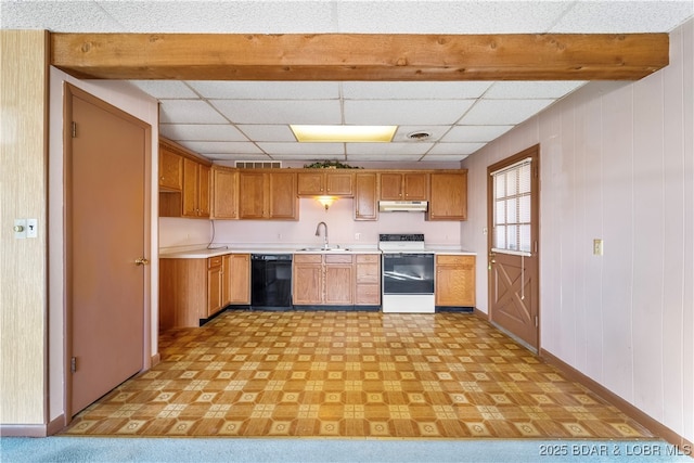 kitchen featuring black dishwasher, light countertops, electric range oven, a sink, and under cabinet range hood