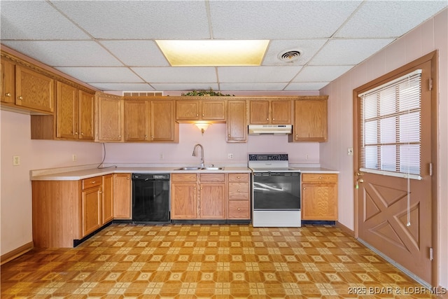 kitchen featuring electric stove, dishwasher, light countertops, under cabinet range hood, and a sink