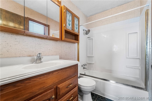 bathroom with a textured ceiling, shower / tub combination, toilet, vanity, and backsplash