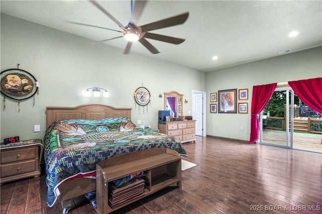 bedroom featuring access to outside, visible vents, ceiling fan, and hardwood / wood-style floors