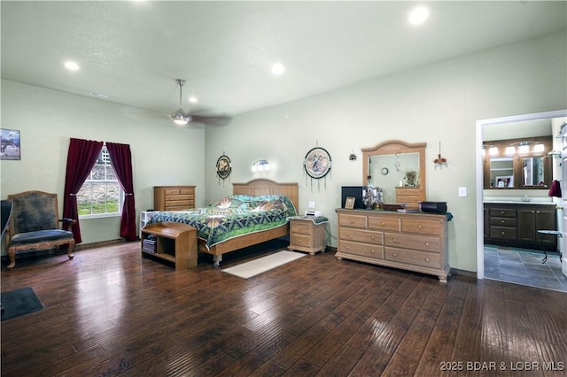 bedroom featuring visible vents, dark wood finished floors, a ceiling fan, connected bathroom, and recessed lighting