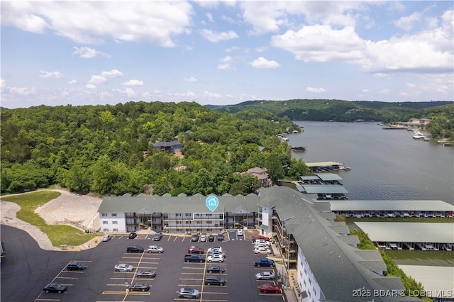 bird's eye view with a water view