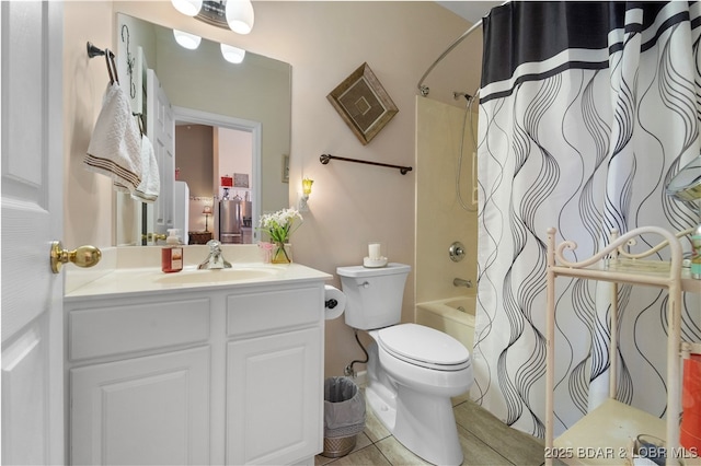 bathroom with toilet, shower / bathtub combination with curtain, tile patterned flooring, and vanity