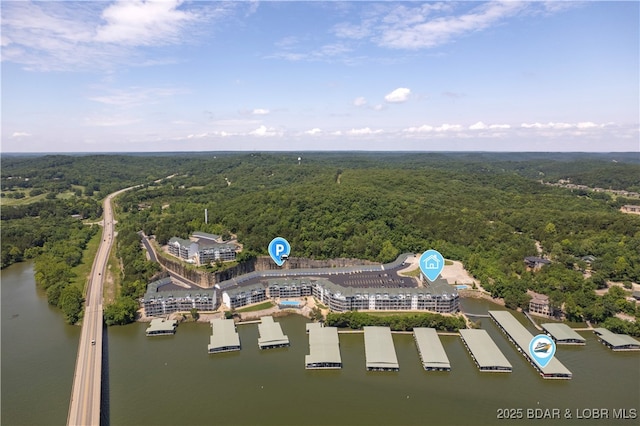 bird's eye view featuring a water view and a wooded view