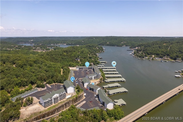 drone / aerial view featuring a forest view and a water view