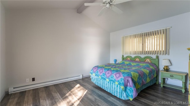 bedroom featuring lofted ceiling with beams, wood finished floors, a baseboard radiator, baseboards, and ceiling fan