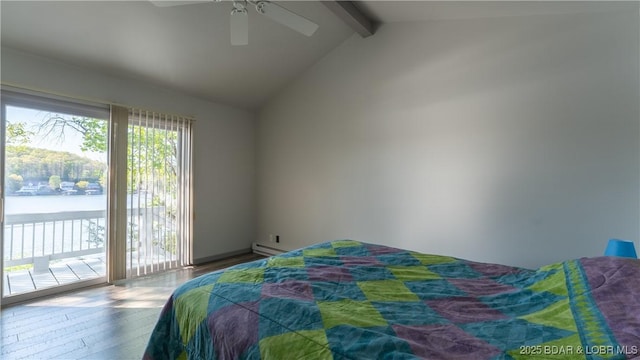 bedroom featuring wood finished floors, lofted ceiling with beams, ceiling fan, a baseboard heating unit, and access to outside