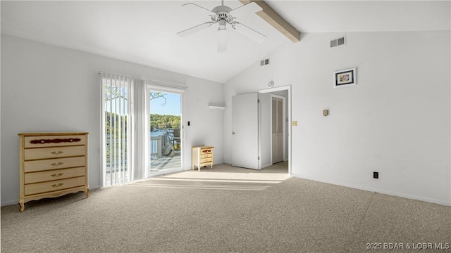 carpeted empty room featuring visible vents, high vaulted ceiling, beamed ceiling, and ceiling fan