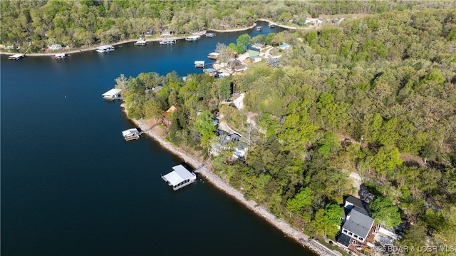 aerial view featuring a water view and a wooded view