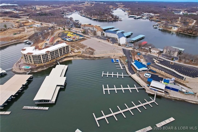 drone / aerial view featuring a water view