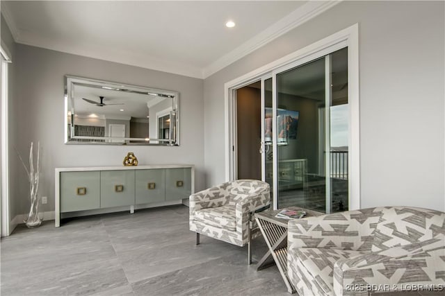 bedroom featuring recessed lighting, ornamental molding, and access to outside