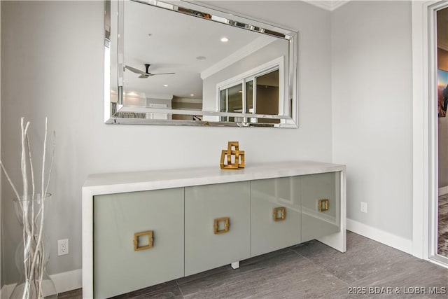 bathroom featuring ornamental molding, recessed lighting, baseboards, and ceiling fan