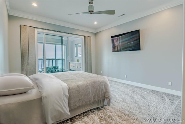 carpeted bedroom with a ceiling fan, baseboards, recessed lighting, access to exterior, and crown molding