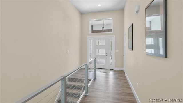 entrance foyer with baseboards, a high ceiling, dark wood-style flooring, and a healthy amount of sunlight