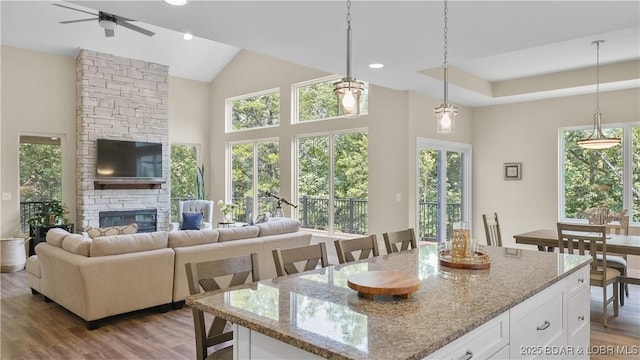 kitchen with light stone counters, light wood-type flooring, open floor plan, and a stone fireplace