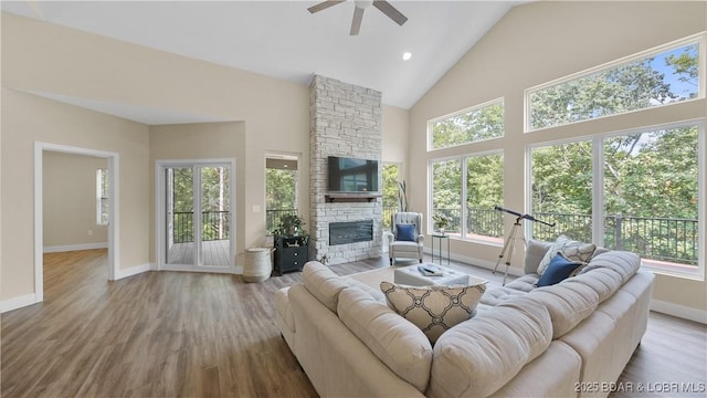 living area with high vaulted ceiling, a fireplace, wood finished floors, and a healthy amount of sunlight