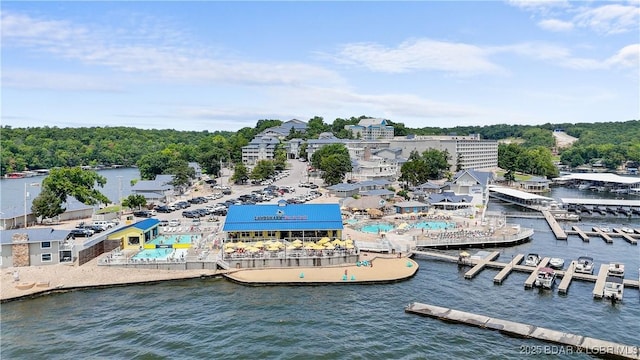 drone / aerial view featuring a water view