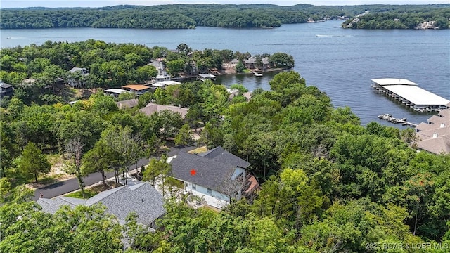 bird's eye view featuring a water view and a wooded view