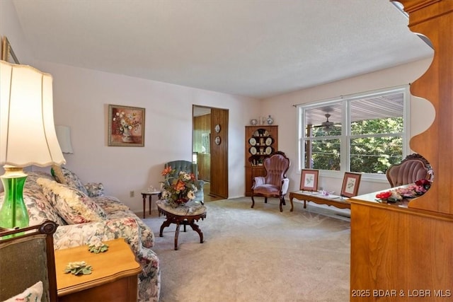 living area featuring light carpet